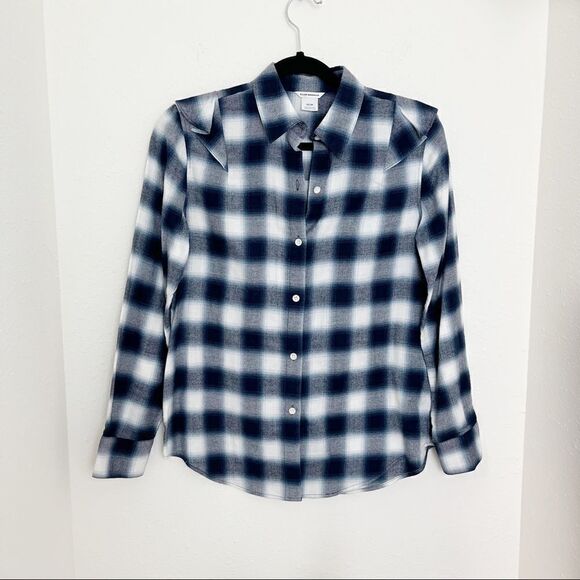 Club Monaco Evira Cotton Plaid Flannel Ruffle Button Down Shirt - Picture 9 of 9